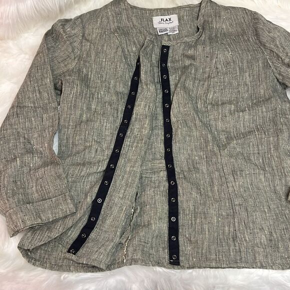 Flax Button Snap Black Tweed Linen Shirt C14 - Picture 4 of 11